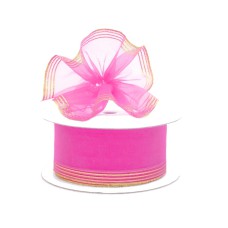 1.5 Inch Hot Pink Organza Pull Bow Ribbon With 4 Rows of Silver Stripe Accents, 25 Yards (Lot of 1 Spool) SALE ITEM